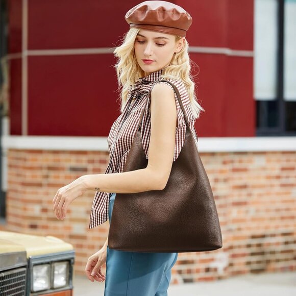 Versatile Slouchy Tote Bag in Coffee Vegan Leather - Perfect for Women on the Go - Picture 2 of 6
